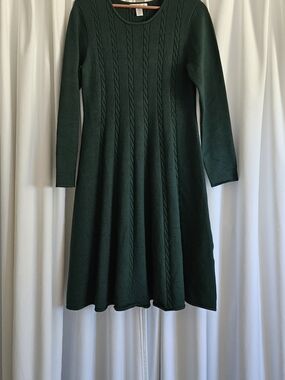 London Times Forest Green Cable Knit Long Sleeve Fit-and-Flare Dress